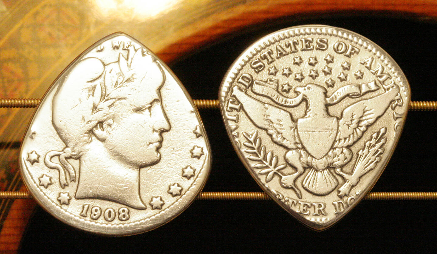 silver coin guitar pick